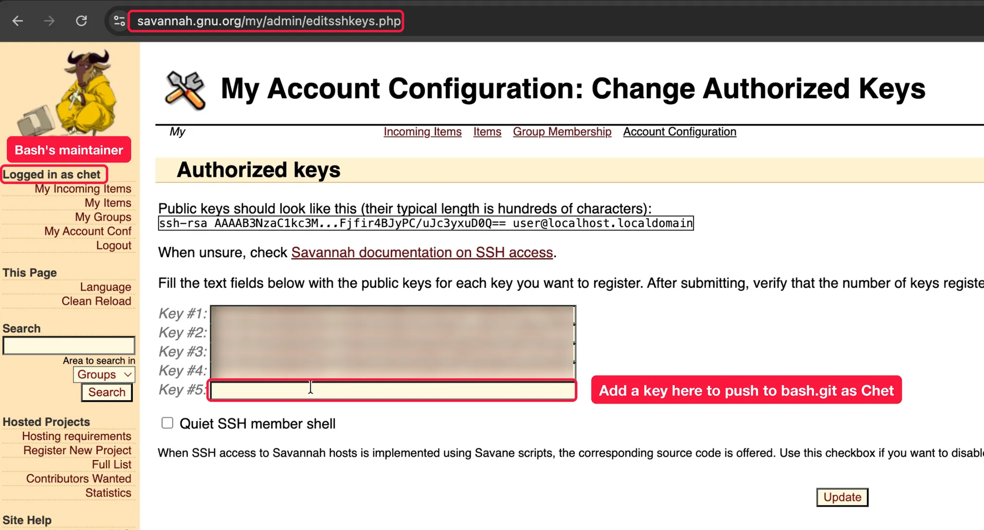Logged in as chet, on the Change Authorized Keys page