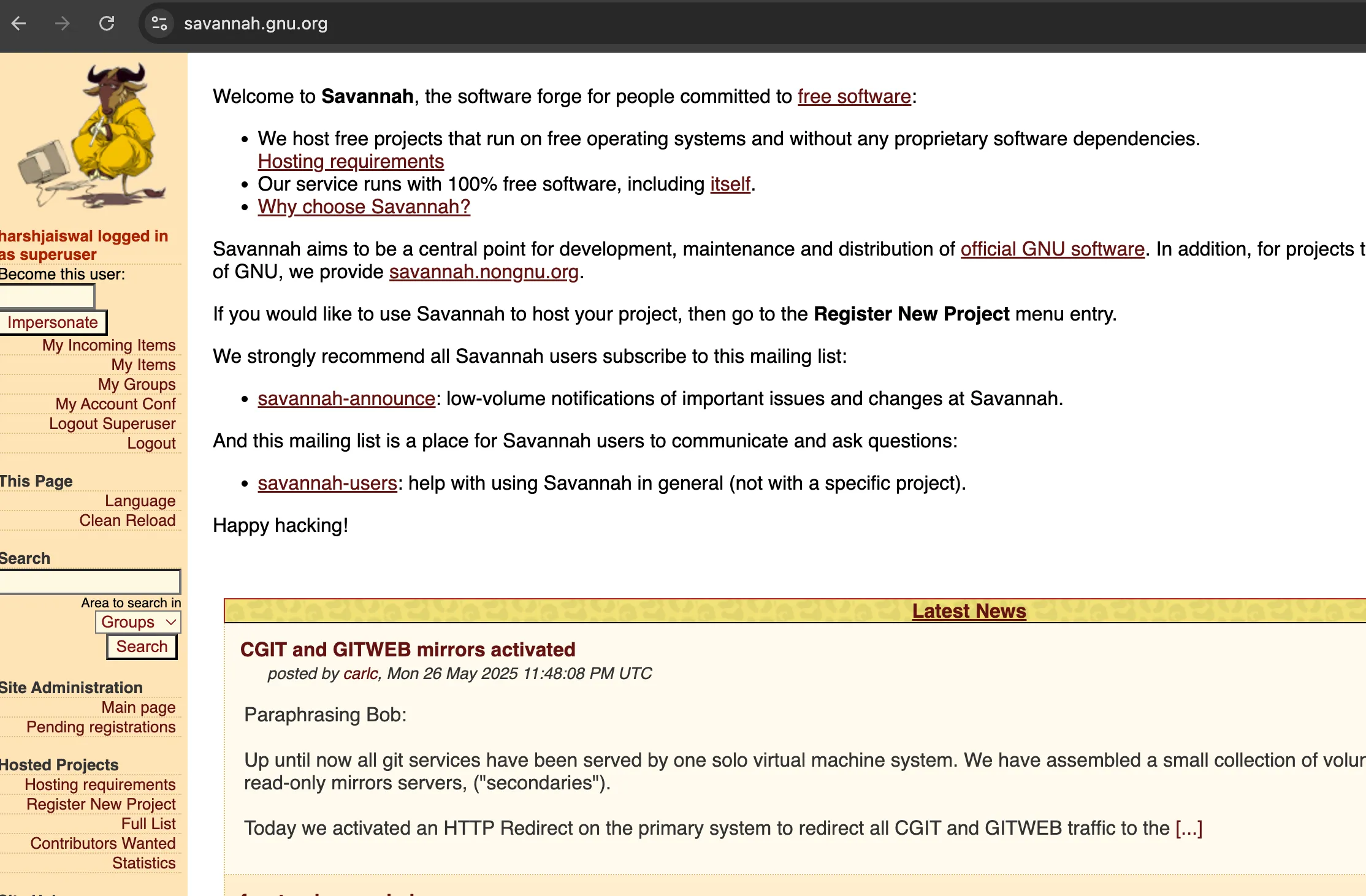 Logged in as superuser on savannah.gnu.org