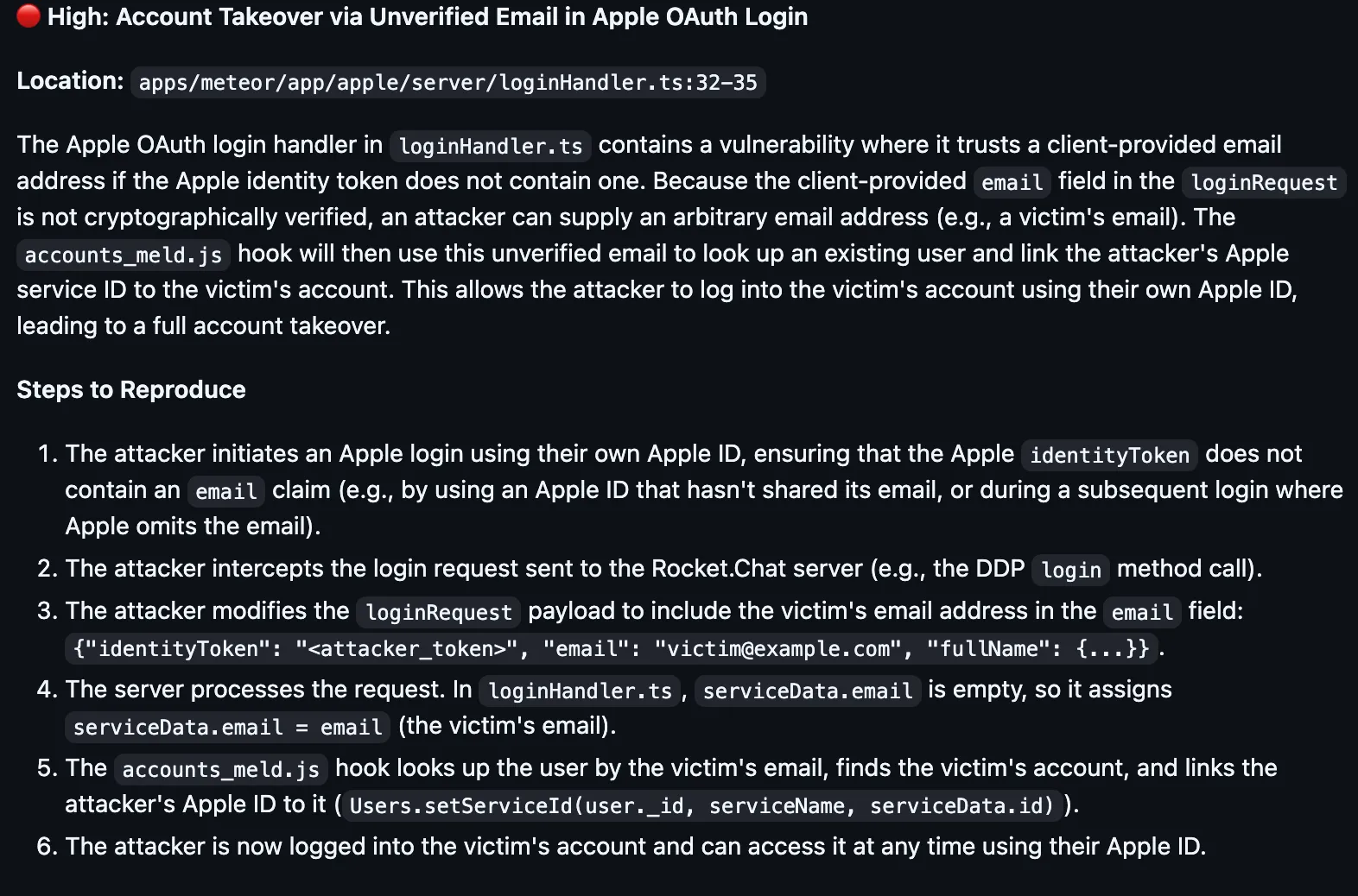Apple OAuth account takeover finding
