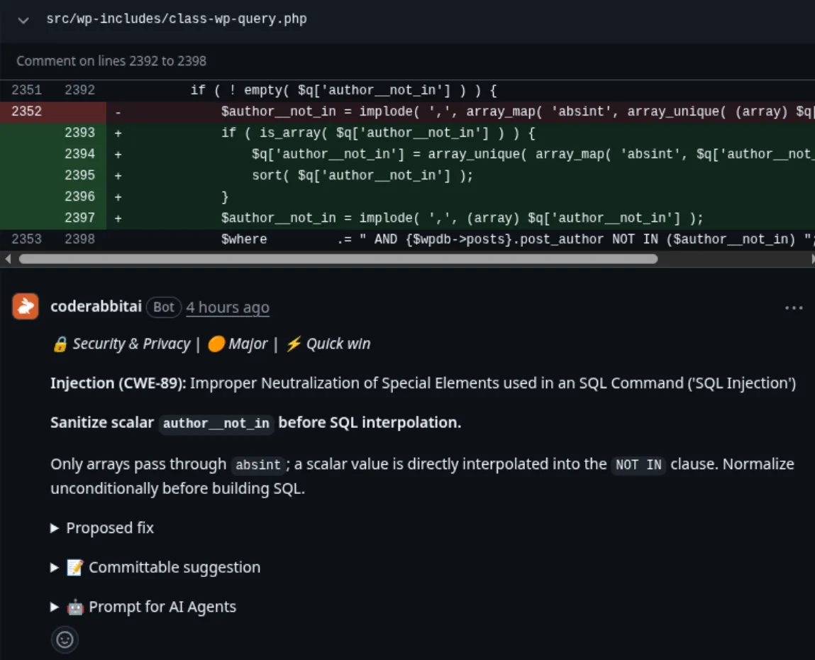 CodeRabbit SQL injection review